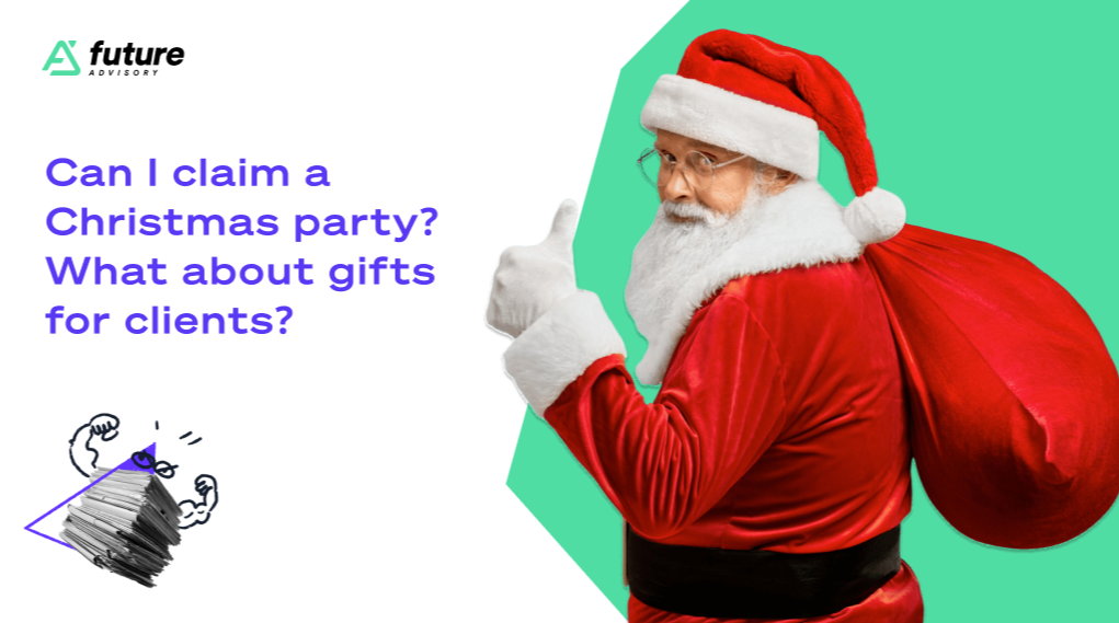 Santa Claus gives a thumbs up, holding a red sack, with text about claiming Christmas party meals and gifts for clients. A Future Advisory logo graces the top left corner, while a small sketch of writing on paper with a pen adds an entertaining touch. | Future Advisory