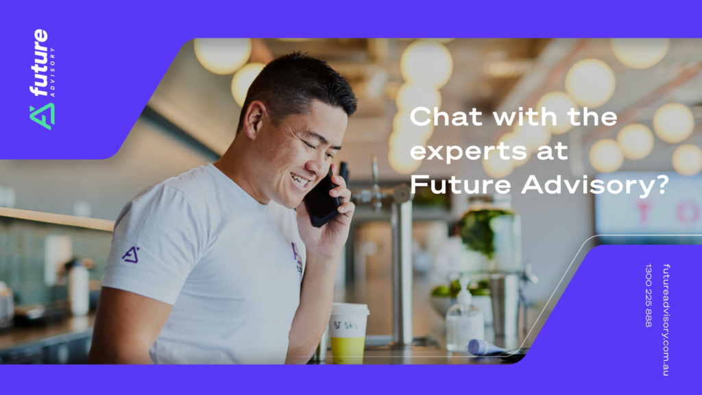 A person smiling while talking on the phone, wearing a white shirt, inside a modern café. Text reads, "Discuss the pros and cons with the experts at Future Advisory." Branding and contact details are displayed in the corners. | Future Advisory