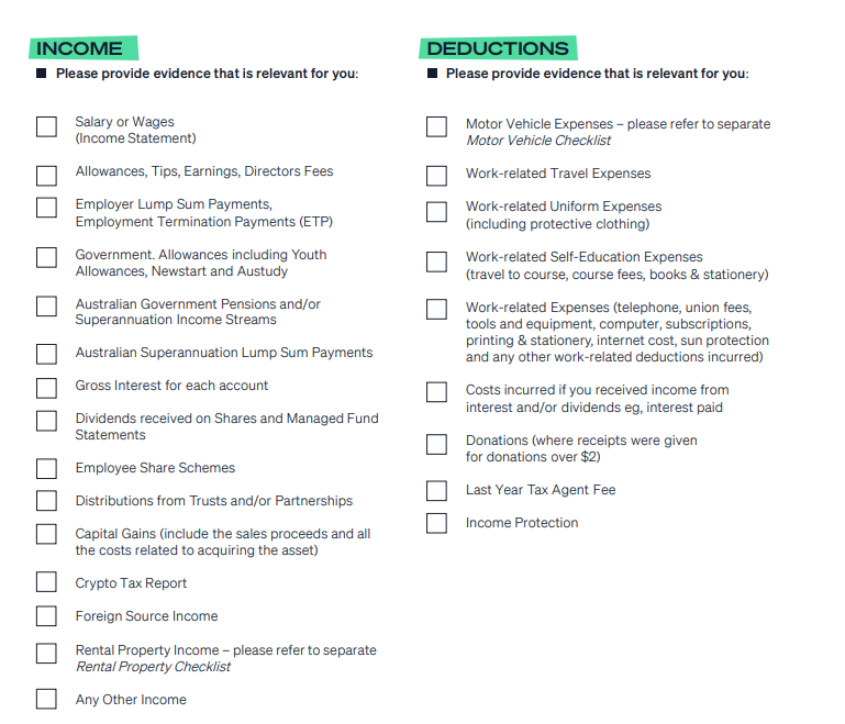 An image displays a checklist for an Individual Tax Return, divided into two sections: "Income" and "Deductions." Each section lists items like salary, allowances, expenses, and donations under respective headings with checkboxes for each item. | Future Advisory