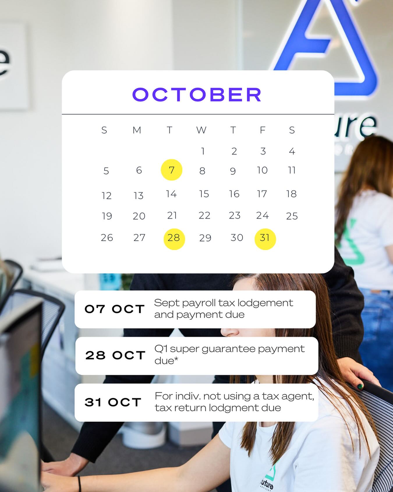 Save this one for your calendars 📅 
*super payments, note!! This is the date that your payment has to be cleared by the super fund. In other words, pay at least three business days beforehand (or even better, now).
If you’re an individual looking at the end of the month and thinking “ummm I’d really like to not lodge yet”, you need to do it through a tax agent! AKA us 😉 
🚀
