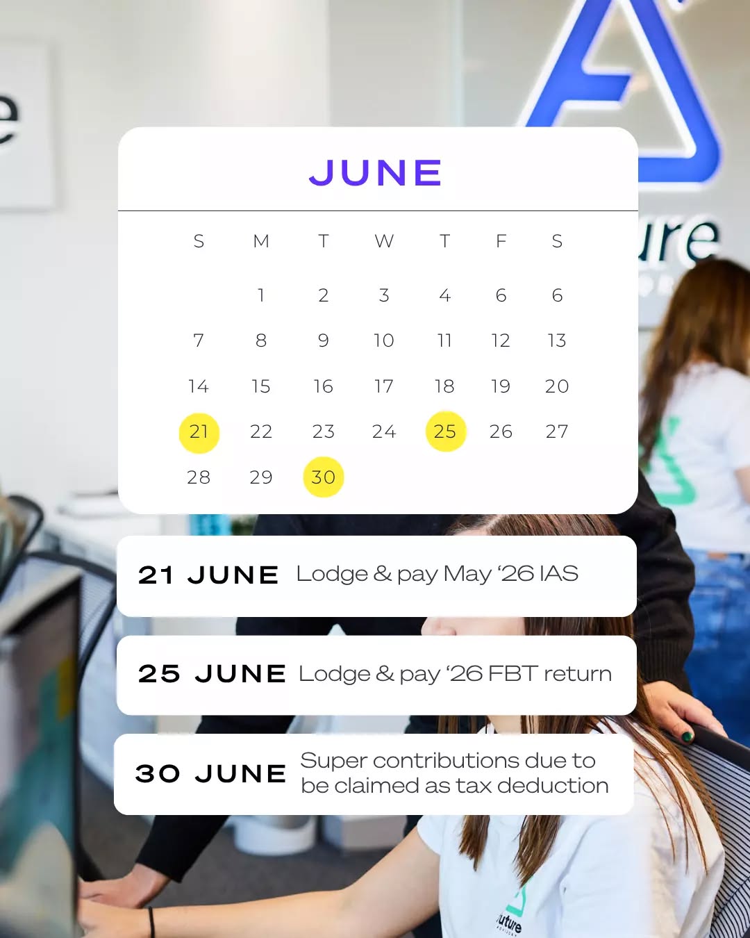 Dates to add to your calendars ✒️ NOTE: 30 June is the date that super contributions must have already hit accounts. You need to make the payments earlier (we recommend the week before) to ensure you don't miss the deadline!
🚀