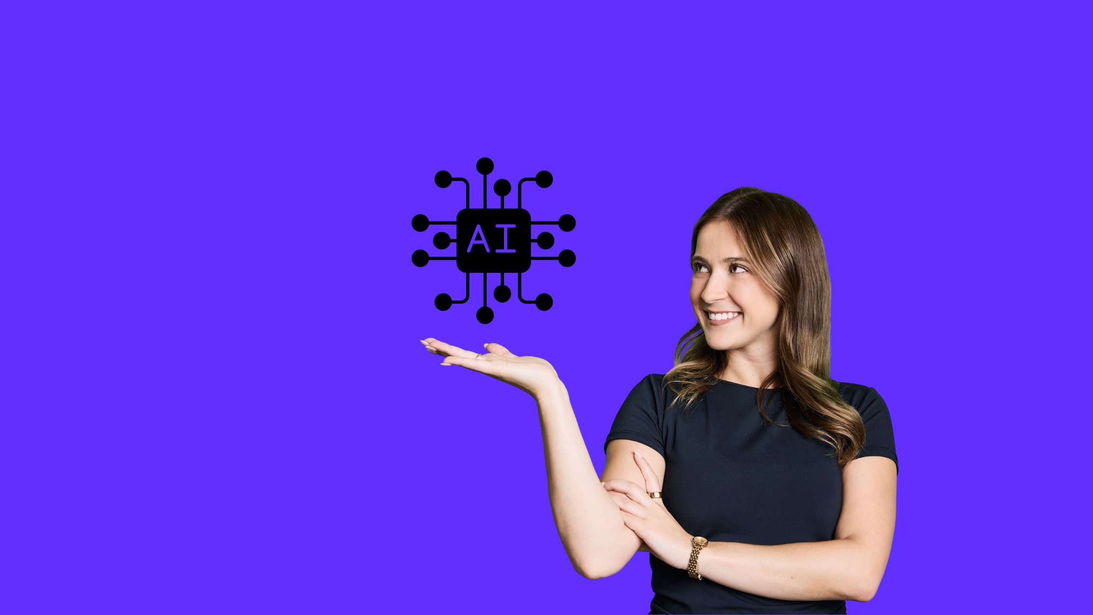 A woman in a black shirt smiles and holds out her left hand, showcasing a futuristic AI circuit graphic. The solid blue background sets the tone for this 2025 vision of innovation in business technology. | Future Advisory