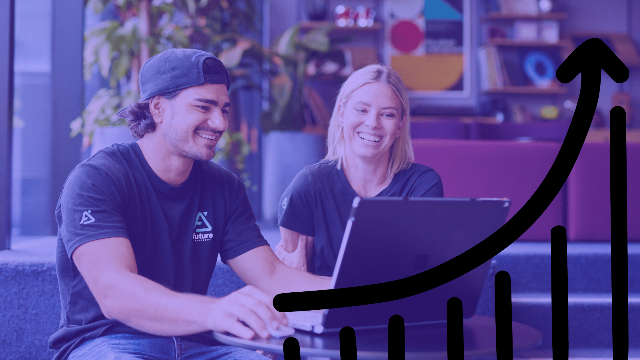Two people are smiling and looking at a laptop in a modern workspace. A large upward arrow graphic overlays the image, suggesting growth or progress, potentially in line with 2025 business trends. | Future Advisory