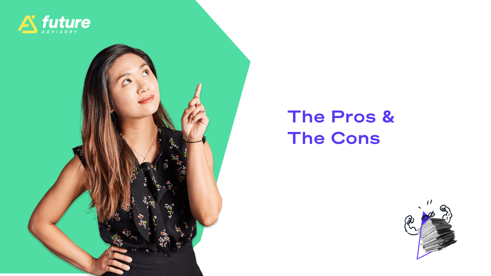 A woman with long brown hair, wearing a black floral blouse, looks upward thoughtfully, pondering the "Pros & The Cons" in purple text beside her. With her index finger pointing up, she considers a partnership business structure. The "Future Advisory" logo is in the top left corner. | Future Advisory