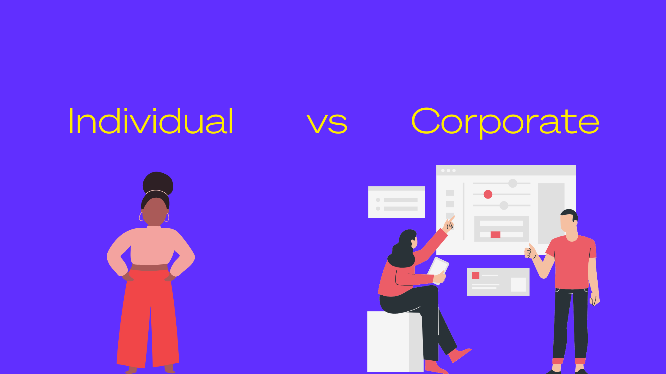 Graphic showing a woman with arms akimbo labeled "individual" on the left and two people discussing financial planning labeled "corporate" on the right, set against a purple background. | Future Advisory